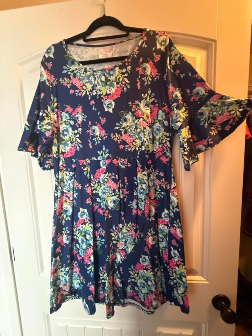 Navy Floral Swing Dress with Ruffle Sleeves